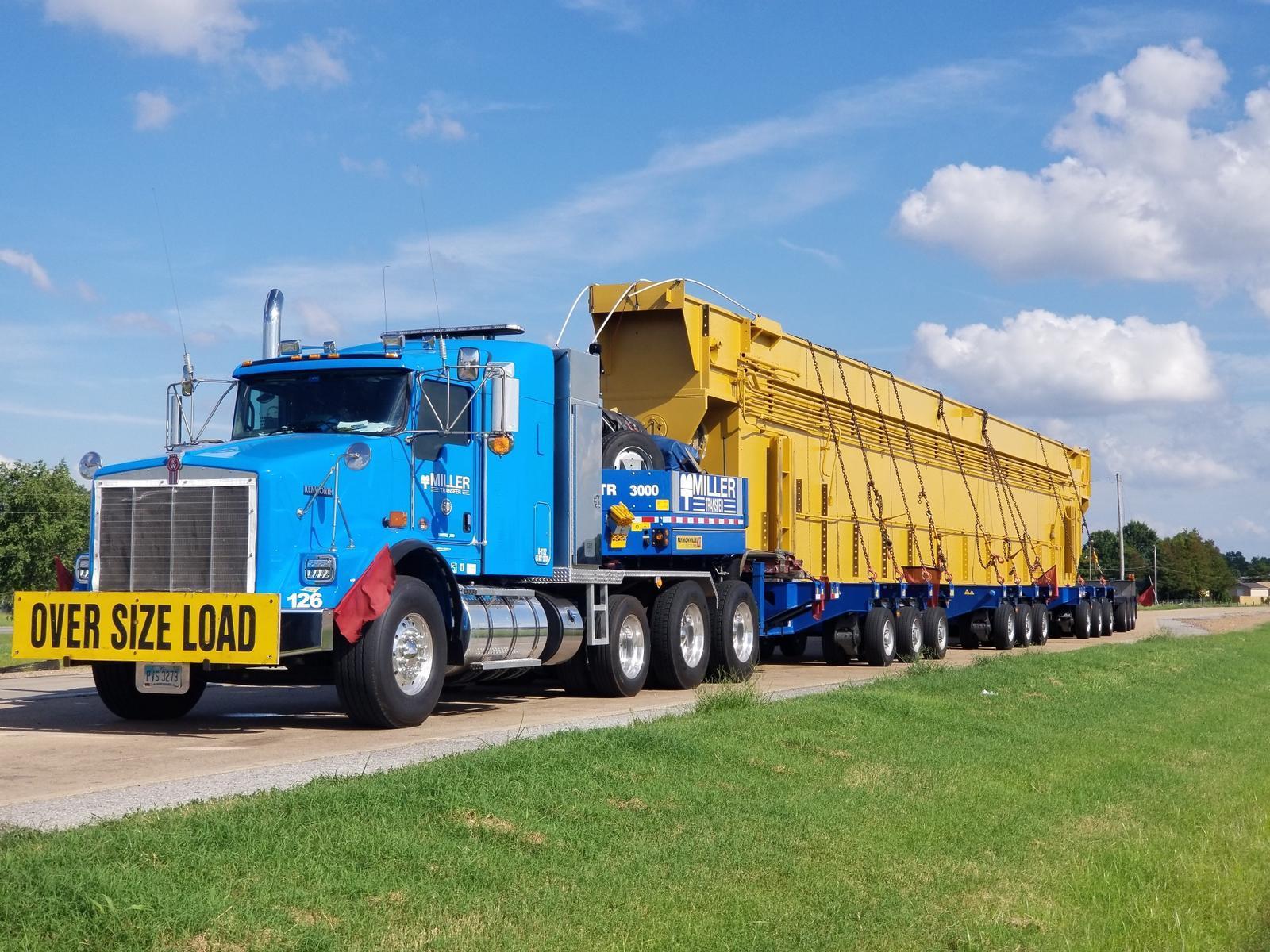 Heavy-duty transport truck hauling oversized equipment